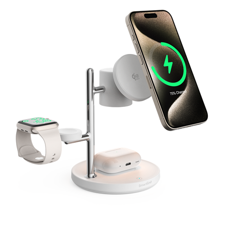 Smartline - 3-i-1 MagSafe Stand oplader - Hvid, set med enehder på produktet