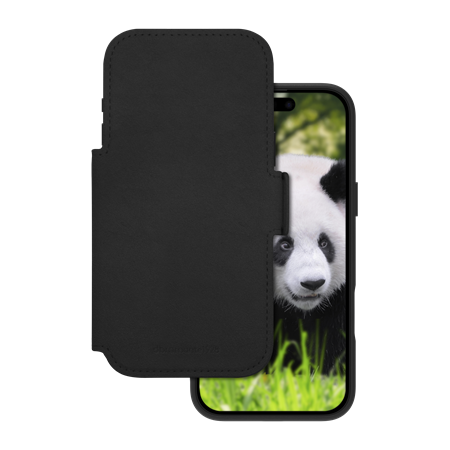 dbramante1928 - Lynge MagSafe Black Wallet Ægte Læder - iPhone 17 Pro Max, set med cover foran