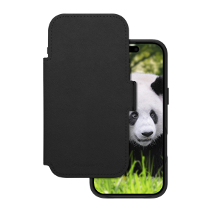 dbramante1928 - Lynge MagSafe Black Wallet Ægte Læder - iPhone 17 Air, set med cover foran mobil skærm