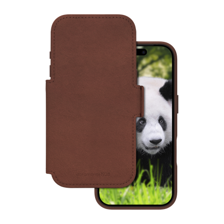 dbramante1928 - Lynge MagSafe Brown Wallet Ægte Læder - iPhone 17 Pro, set med cover foran mobil